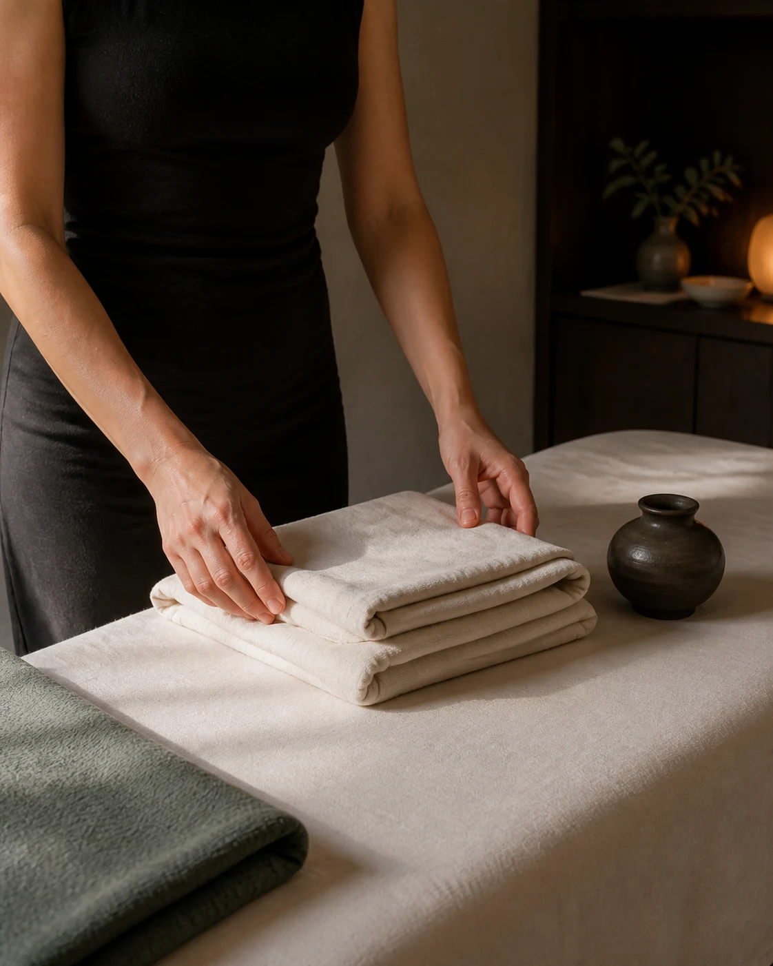 Anonymous practitioner in dark workwear folding fresh cream linen before an appointment