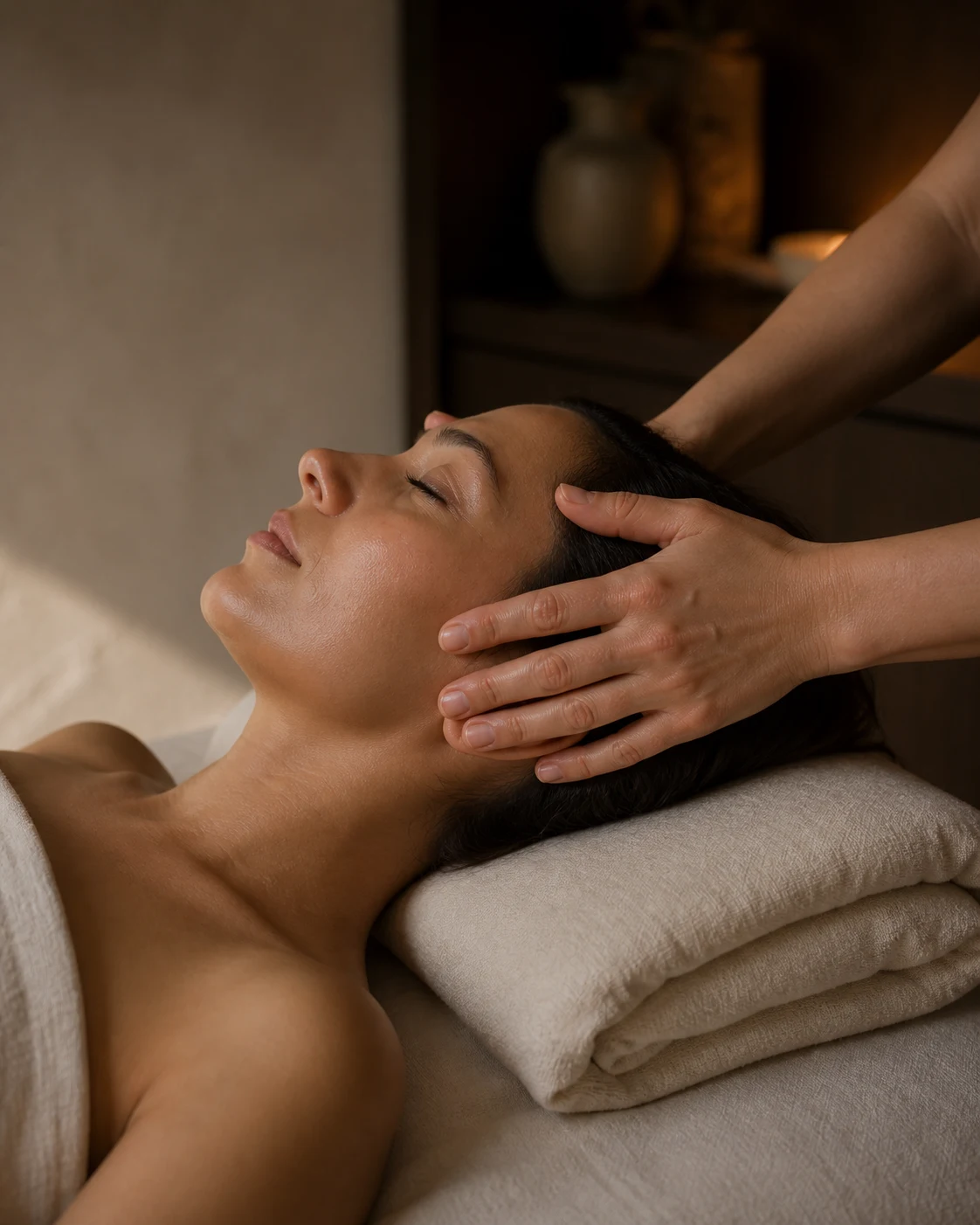 Anonymous client receiving a calm professional facial massage