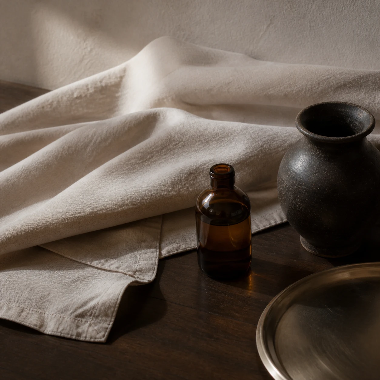 Tactile cream linen, unbranded amber glass, dark ceramic and brushed metal