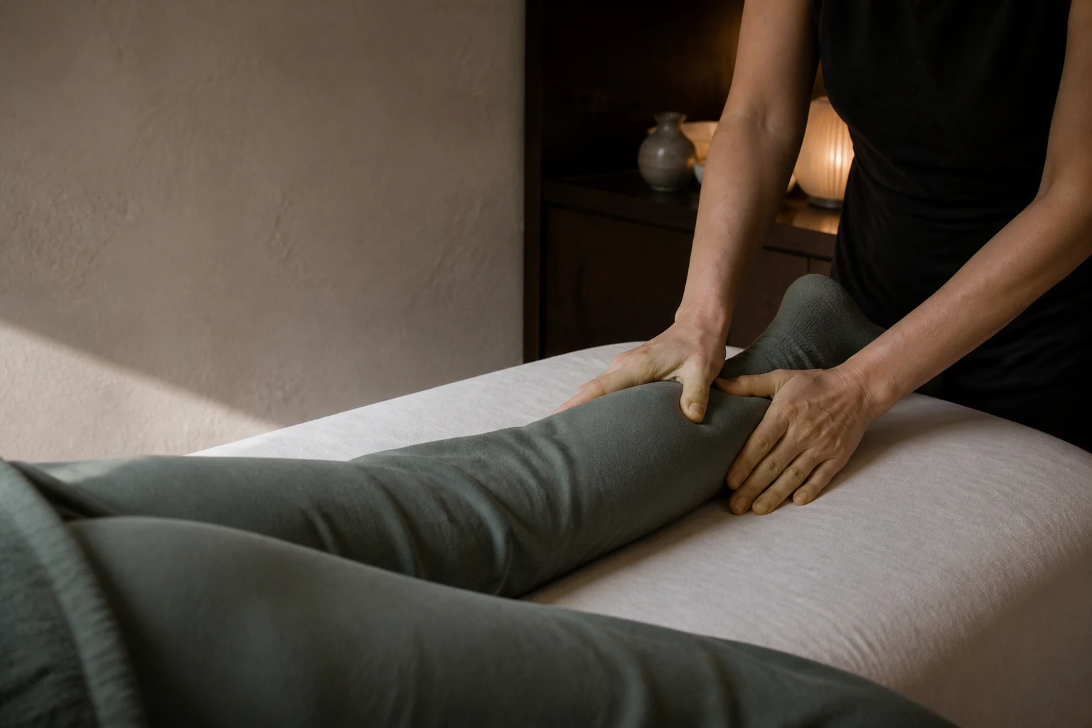 Anonymous practitioner working through eucalyptus fabric around a client's lower leg in a sports-massage concept